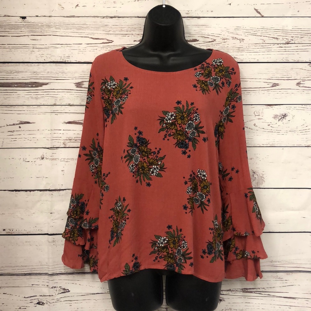 Lumiere ruffle sleeve floral ginger rust blouse